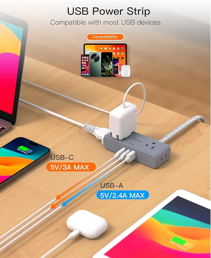 Flat Plug Power Strip 6 feet, 4 Widely Outlets with 3 USB Ports (2 USB C), 3 Side Outlet Extender with Extension Cord with Multiple Outlets for Home, Office, Dorm Room Essentials Gray