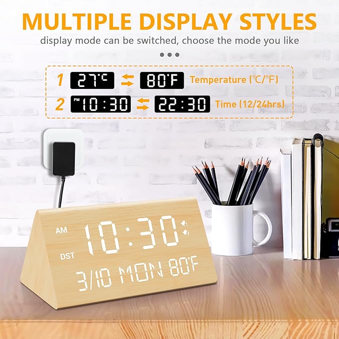Kogonee Wooden Digital Alarm Clock, 0-100% Dimmer, 2 Alarm Settings, Weekday/Everyday Mode, 9 Mins Snooze, 12/24H, Temperature and Date Display for Office, Travel, Bedroom Alarm Clock (Bamboo)