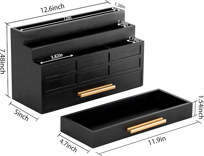 dreampossible Black Wood Desk Organizer and Accessories with Drawer, Bill Mail Organizer and File Mail Holder for Office Supplies, Rustic Desk Accessories & Workspace Organizers for Desk Organization