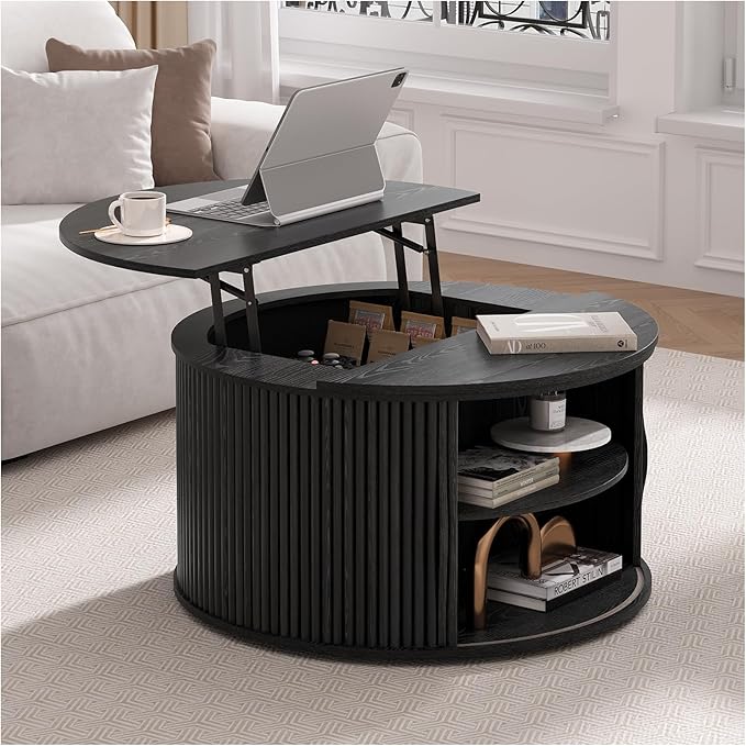 JOINICE 31.5" Black Round Lift Top Coffee Table, Modern Fluted Drum Center Table with Hidden Storage, Minimalist Circle Wood Desk for Living Room & Small Apartment
