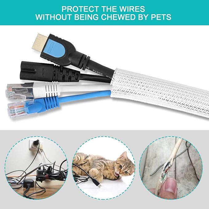 20ft - 3/8 inch White Cable Sleeve, Cable Organizer for Desk PC TV Computer, Wire Protector Cable Wrap Cover, Cord Management for Home Office