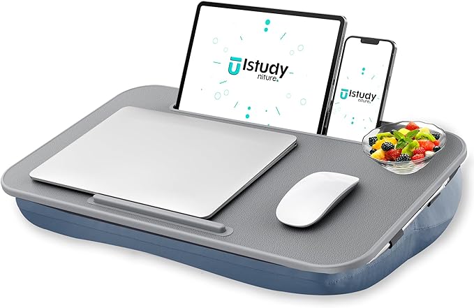 Istudyniture Lap Desk | Portable Laptop Desk & Stand – Fits Up to 17 inch – Washable Cushion, Built-in Phone Holder – for Bed, Couch, Sofa, Floor – Writing, Reading, Home Office – Large, Grayish Blue
