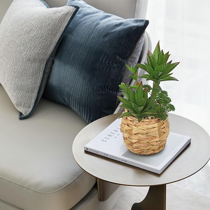 10" Large Succulents Plants Artificial in Wooden Pots, Fake Succulents in Woven Pots, Faux Succulent Artificial Plants Indoor for Home, Bedroom, Living Room, Bathroom Desk Shelf Table Decor