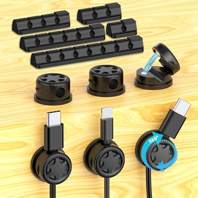 11PCS Cable Management Cord Holder Organizer, Magnetic Cable Clips Adhesive Wire Keeper, Under Desk for Bedside Nightstand Table Desktop USB Wall Car Office Workspace Accessories (Black)