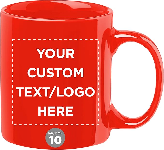 Custom Ceramic Coffee Mugs 11 oz. Set of 10, Personalized Bulk Pack - Coffee cup set, Iced coffee cup, Gaming mug - Red