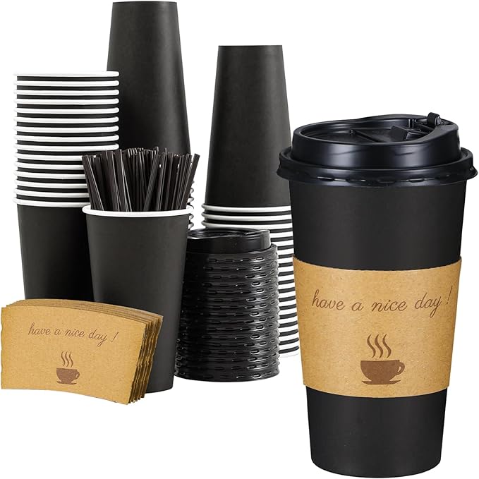 Lamosi 20 oz Disposable Coffee Cups with Lids 50 Pack, Hot Paper To Go Cups with Lids, Stir Sticks and Sleeves, for Home, Travel, Office