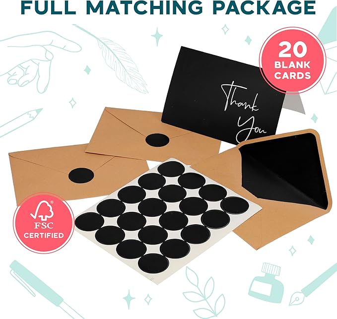 VNS Creations 20 Pack Thank You Cards With Envelopes, Stickers, 4x6 Inch Blank Thank You Notes - Bulk Box Set Large Notes for Graduation, Wedding, Small Business, Baby & Bridal Shower - Black