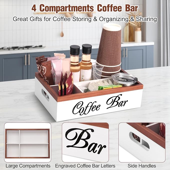 Wooden Coffee Organizer Holder with Divided Sections & Cutout Handle, Farmhouse Coffee Bar Organizer for Pods, Cups, Lids, Syrups, Stirrers & Accessories – Ideal Gift for Home or Office-White