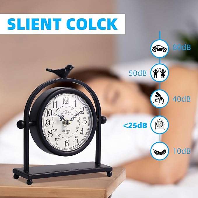 MODE HOME Silent Battery Operated Black Metal Analog Desk Clock with Bird, Small Table Clock for Farmhouse Decor, Mantel Shelf, Home and Living Room
