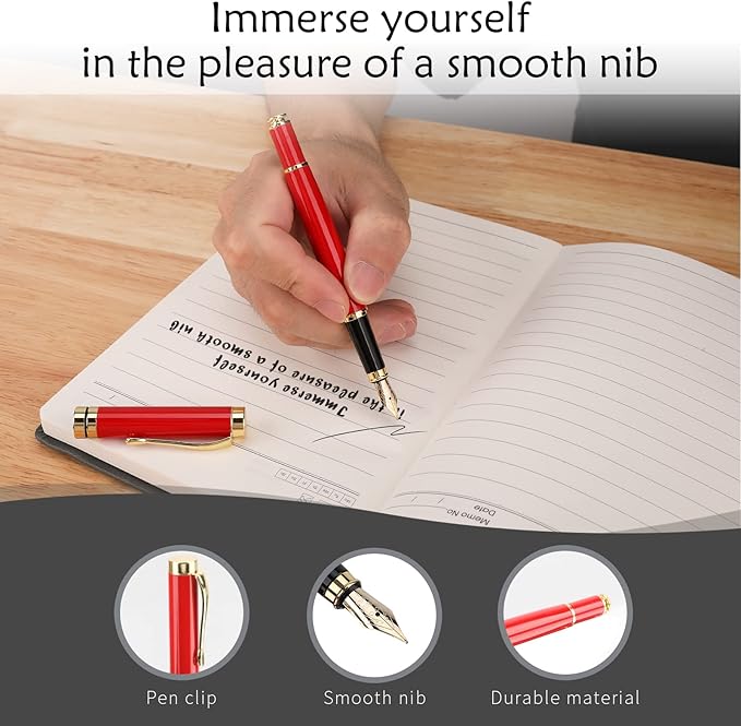 Tiankool Luxury Fountain Pen,Fine Nib, Exquisite Pen Gift Set for Men&Women-Includes 10 Ink Cartridges&Ink Converter- Nice Pens - Red
