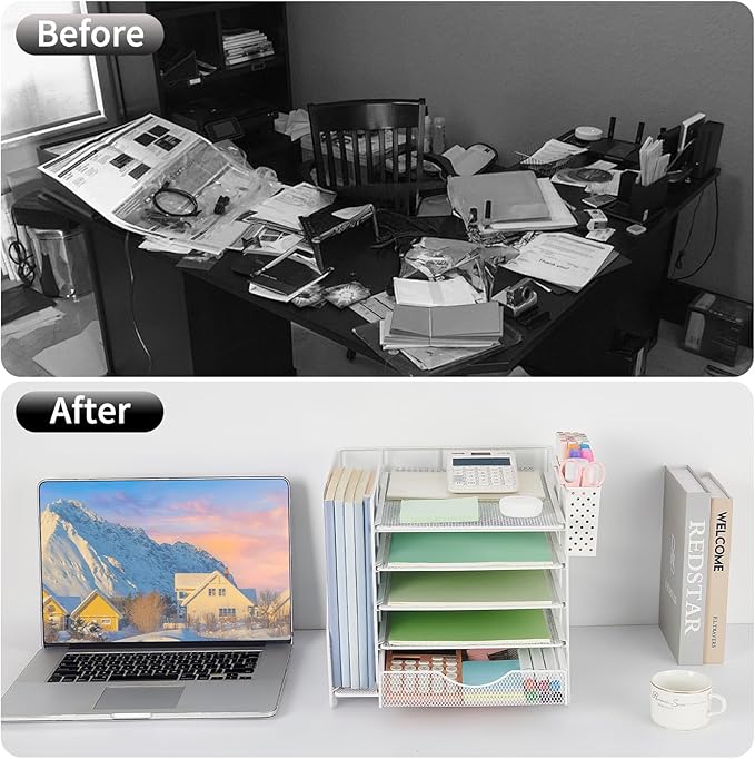 OUTIOE Desk Organizer with Drawer and Pen Holder, 5-Tier Paper Letter Tray Organizer with File Holder, Suitable for Workspace Organizer Office Supplies Storage (White)