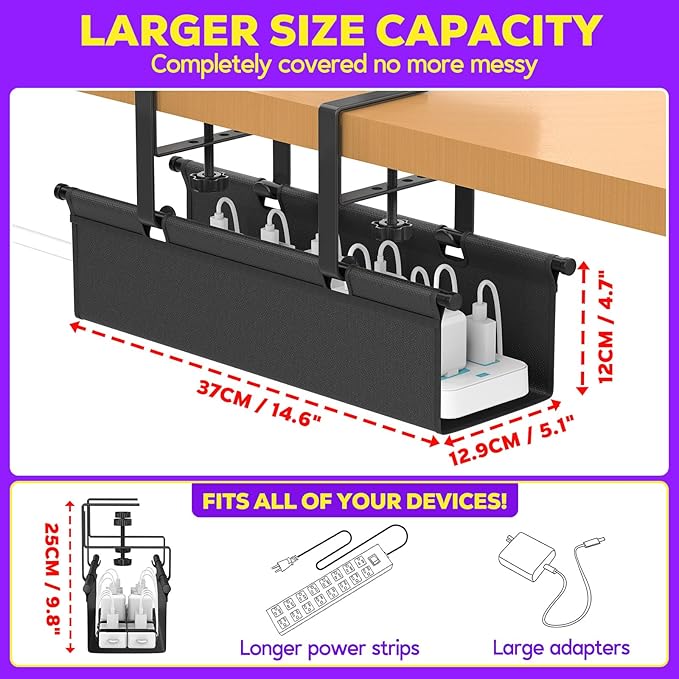 Under Desk Cable Management Tray, REFLYING 14.6" Cable Management Under Desk No Drill,Adjustable Clamp Cord Wire Organizer, Cord Hider for Standing Table, Wire Hider for Office,Home (Small)