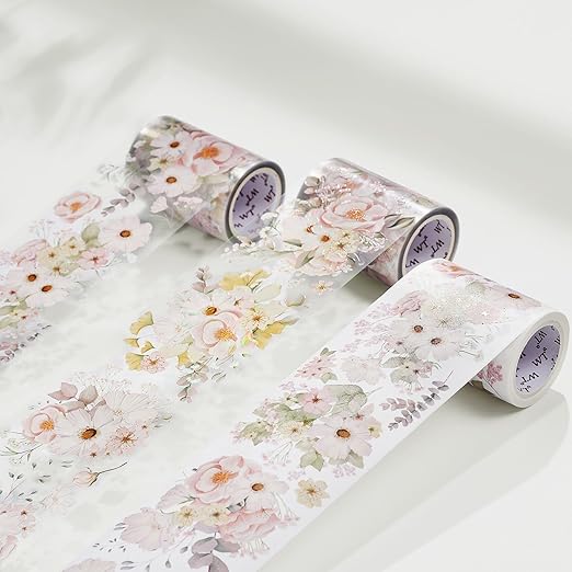 WT Blush Wide PET Tape, Single Roll, Original Designs, Watercolor Pink Floral Decorative Tape, Transparent Adhesive for Journaling, Scrapbooking, Bujo Planner DIY Craft Supplies