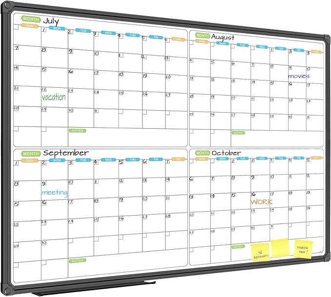JILoffice Magnetic Dry Erase Calendar Whiteboard, 4 Month White Board Planner 36 X 24 Inch, Black Aluminum Frame Wall Mounted Board for Office Home and School