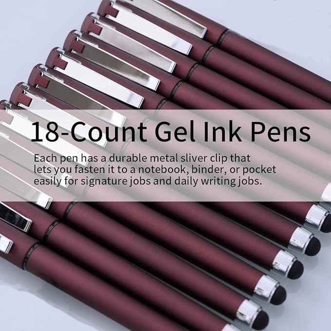 MiSiBao 0.7mm Black Ink Gel Ink Rollerball Pens 2 in 1 Medium Point Pens with Stylus Work Pen Smooth Writing for Office Black gel pen (Burgundy-18pack)
