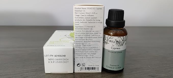 Cypress Essential Oil, 1.01Fl.Oz (30ML) PHATOIL Pure Essential Oil Singles for Aromatherapy Diffusers, Humidifiers, Great for DIY Candle and Soap Making, Gift for Friend