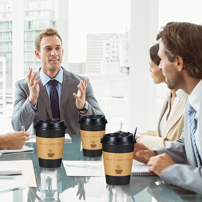 Lamosi 12 oz Disposable Coffee Cups with Lids 50 Pack, Hot Paper To Go Cups with Lids, Stir Sticks and Sleeves, for Home, Travel, Office