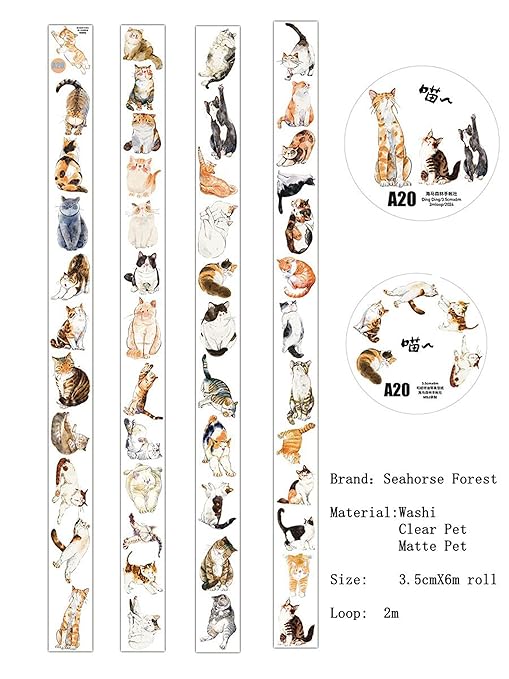 RICHTAPES Seahorse Forest Vol3-A20 Meow,Original Design Cute Cat Vintage Matte PET Washi Tape Stickers,for Scrapbook Supplies,Scrapbook Tape,Junk Journal Stickers,Bullet Journal Supplies