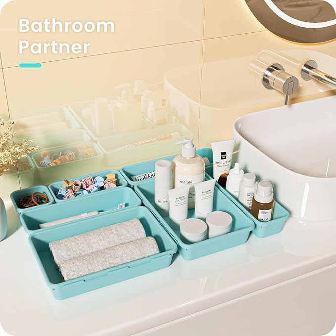 A-LuGei 【𝟮𝟴𝗣𝗖𝗦】 【𝟱𝗦𝗶𝘇𝗲】 BlueGreen Drawer Organizer, Makeup organizer, 【Holds 177 Items】 Bathroom Organizers and Storage, Plastic Desk Organizer Divider, Organizer Bins for Office Vanity