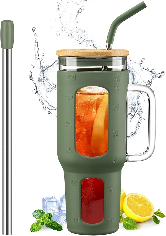 Glass Tumbler with Lid and Straw, 46 oz Iced Coffee Cup with Handle, Large Water Bottles with Silicone Sleeve, Glass Cup with Straws - Pearl Straw & Drinking Straw BPA Free-Olive