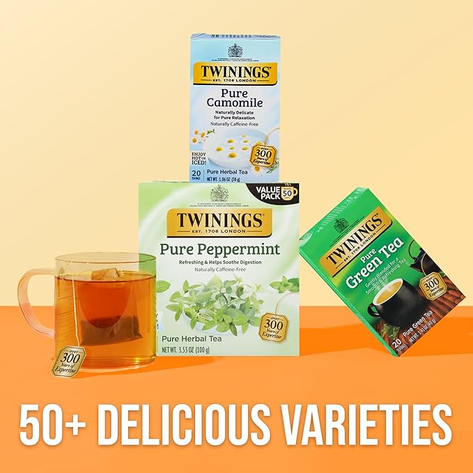 Twinings Pure Peppermint Herbal Tea Individually Wrapped Bags, 50 Count (Pack of 6), Fresh Minty Flavour, Naturally Caffeine-Free, Enjoy Hot or Iced, 300 Teabags