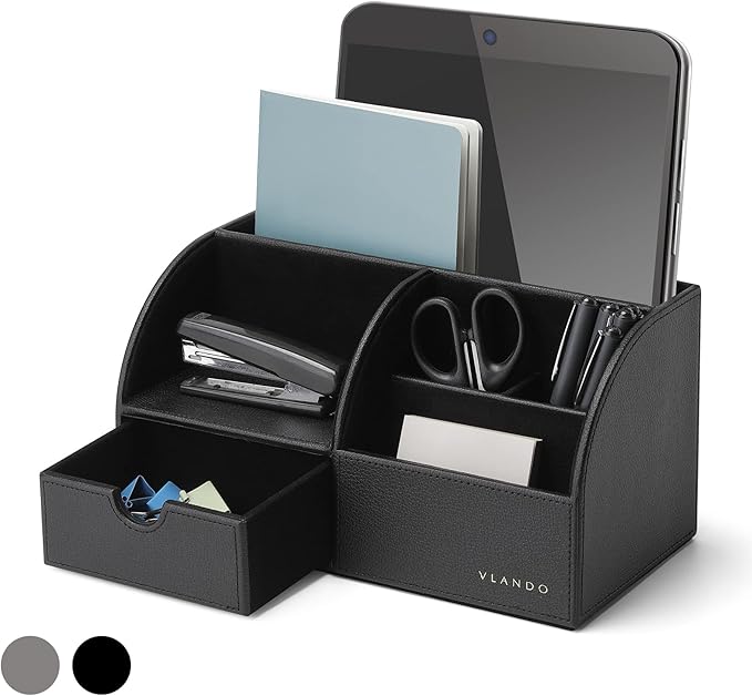 Vlando Office Desk Organizer Leather Desktop Organizer Caddy with Drawer for Storing Desktop Supplies and Accessories (Black)