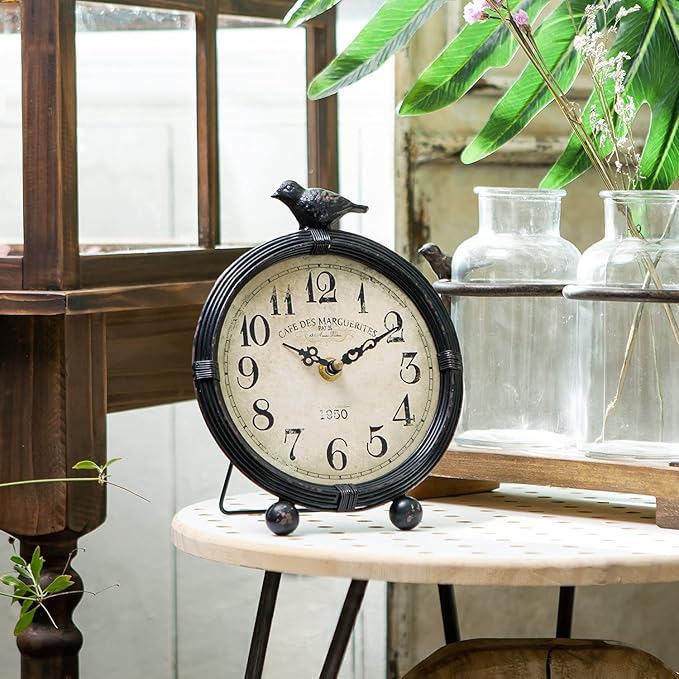 NIKKY HOME Vintage Table Clock with Bird, Metal Desk Clocks Battery Operated Black Retro Table Clock on Stand Decorative Desk Clock for Bedroom Living Room Shelf