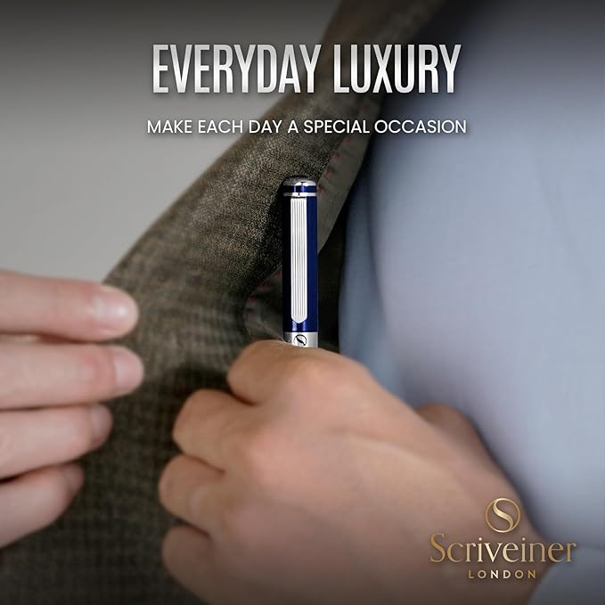 Scriveiner Midnight Blue Fountain Pen - Stunning Luxury Pen with Chrome Appointments, Schmidt Nib (Medium), Best Pen Gift Set for Men & Women, Professional, Executive, Office, Nice Pens