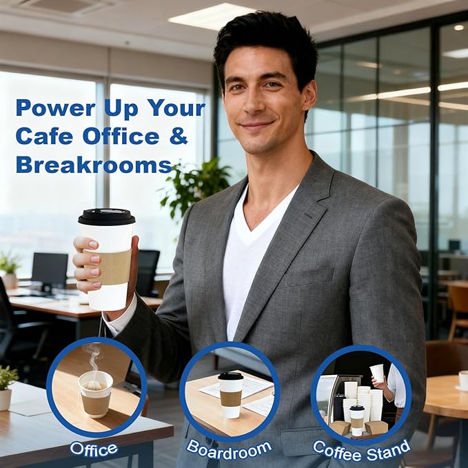 Coolcap 16 oz 300 Pack Coffee Cups with Lids and Sleeves, Straws, Hot Disposable To Go Travel Paper Cups Bulk for Office, Home Coffee Bar Accessories, Chocolate, Cocoa, Beverage (White)