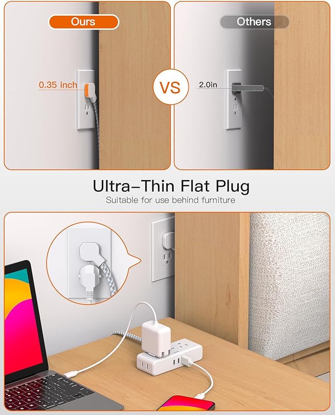 Flat Extension Cord 3 feet, Flat Plug Power Strip, 4 Widely Outlets with 3 USB Ports (2 USB C), 3 Side Outlet Extender with Extension Cord with Multiple Outlets for Home, Office, Dorm Room Essentials