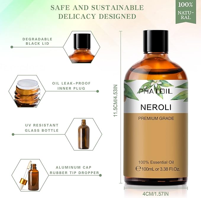 Neroli 3.38fl.oz Essential Oil, PHATOIL Pure Aromatherapy Oils for Diffuser, Humidifier, Perfect for DIY Soap, Candle, Bath Bombs Making(100ml)