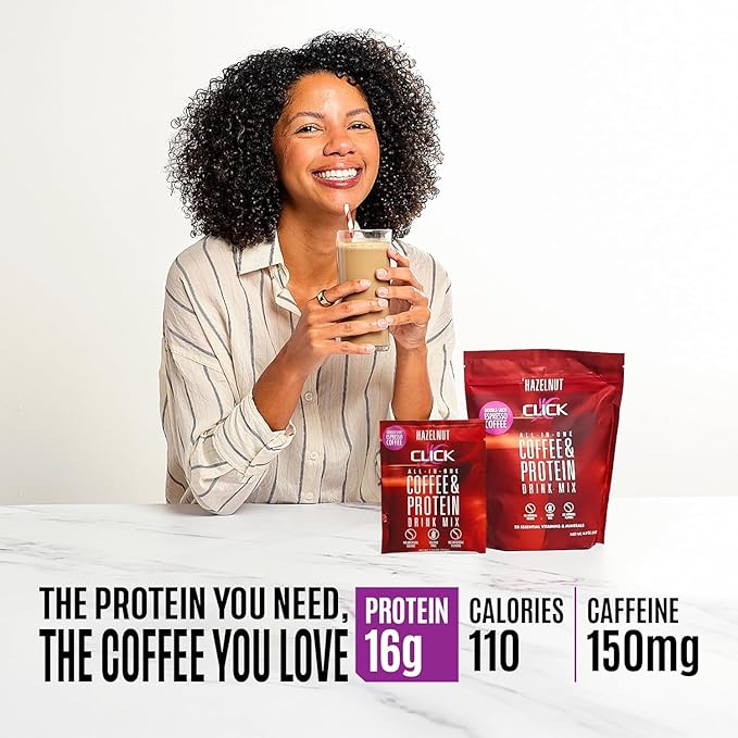Click Coffee Protein Powder | Double Shot Espresso | 16g Protein | 23 Essential Vitamins | Low Calorie Meal Replacement | 150mg Caffeine | Gluten Free | No Artificial Flavors or Colors | Hazelnut