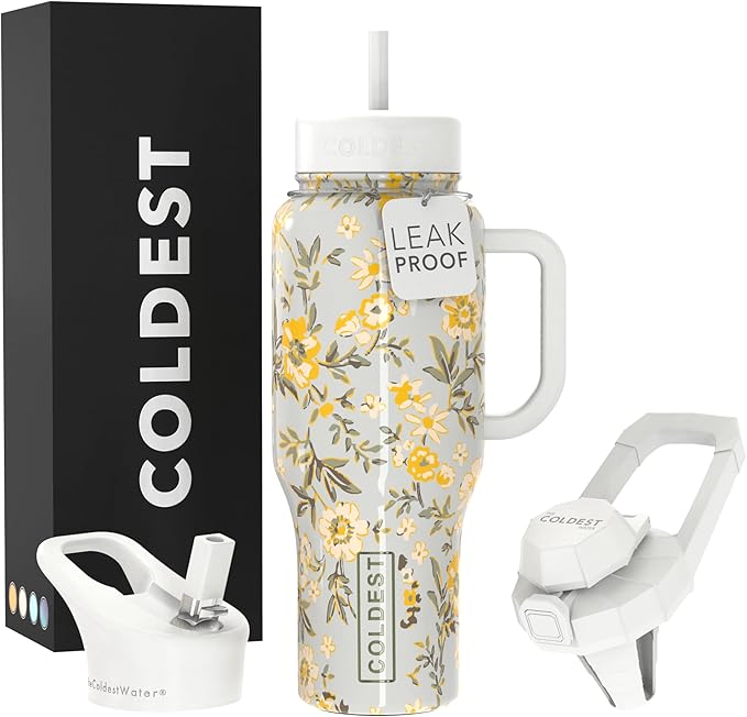 Coldest Tumbler with Handle and Straw - 100% Leak Proof Insulated Tumbler with Lid and Straw (3 Lids) - Stainless Steel Tumblers for Women & Men - Cup Holder Friendly Base, 36 oz (Summer Dress)