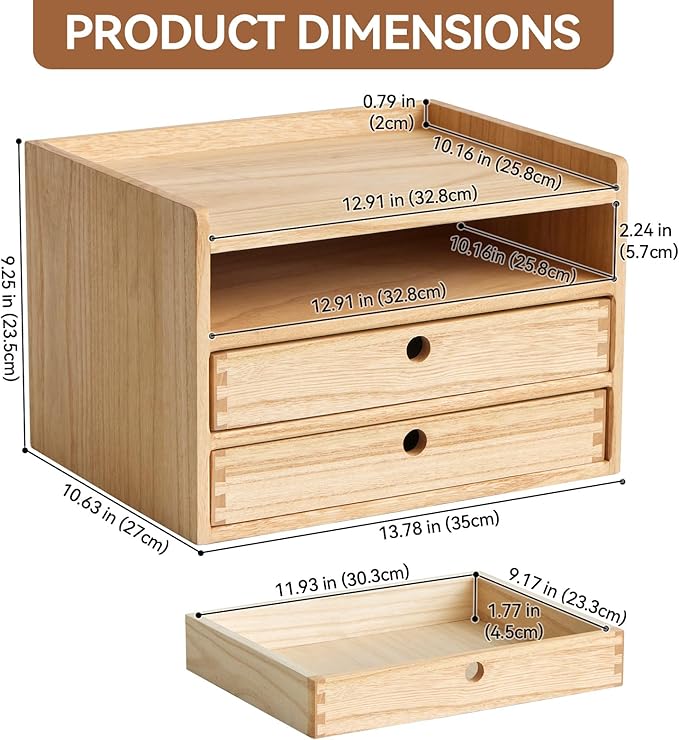 KIRIGEN Desktop Organizer with 2 Drawers and Tray - Wood Office Desk Storage Shelf for Office Supplies - Small Cabinet for Countertop Accessories Storage 3 Layer Natural（DT3D2C-NA）