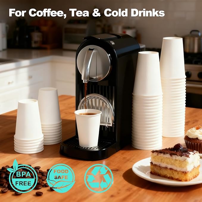 Coolcap 16 oz 100 Pack Disposable Coffee Cups, Bulk White Disposable Paper Cups, Coffee Cups for Hot Tea, Chocolate and Cold Drinks