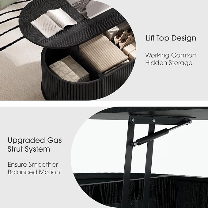 JOINICE 42.5" Oval Lift Top Coffee Table with Storage, Mid Century Modern Black Center Table with Fluted Panel, Solid Wood Legs & Hidden Compartment for Living Room