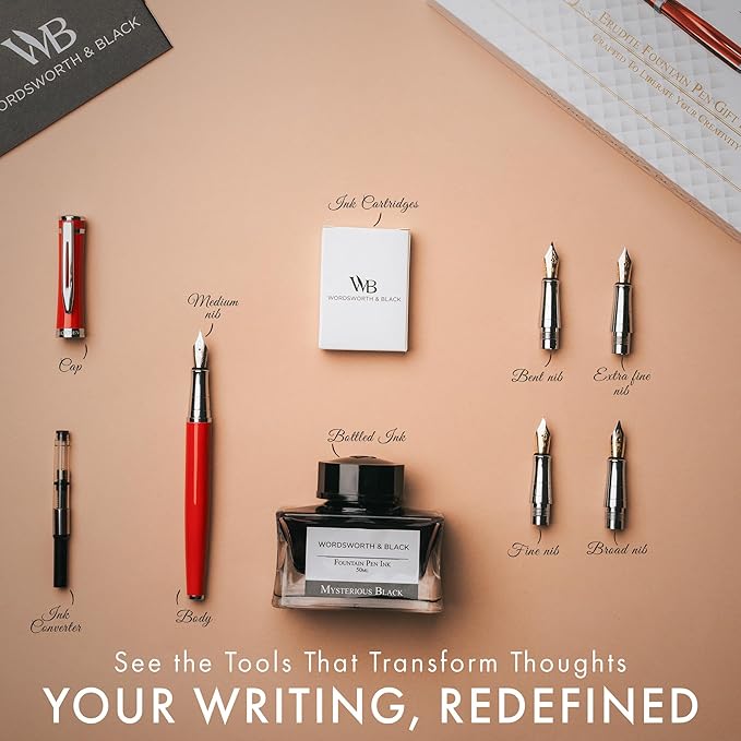 Wordsworth & Black Fountain Pen Gift Set, Includes Bottle, 6 Cartridges Refill Converter, 4 Replacement Nibs, Premium Package, Journaling, Calligraphy, Smooth Writing Pens [Red Chrome]