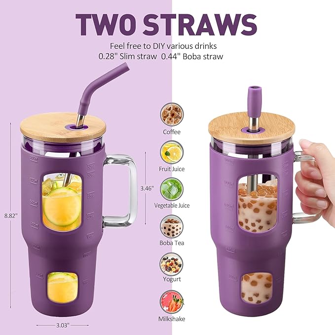 Glass Tumbler with Straw & Lid, 32 oz Glass Cup with Handle, Water Bottles with Time Marker - 2 Straws & Silicone Protective Sleeve Dark Purple