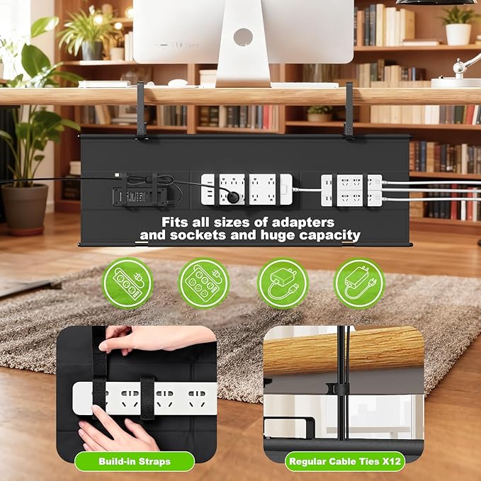 Dayacoo No Drill Under Desk Cable Management Tray, 36" Clamp/Screw Mount Cord Organizer for Desk, Fabric Cable Management Tray for Storage and Hide Cords, Cable Organizer for Office Home, Black