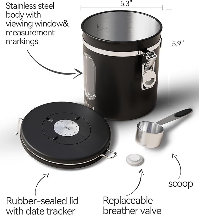 Veken Coffee Canister with Window, Airtight Stainless Steel Kitchen Food Storage Container with Lids, Date Tracker and Scoop for Grounds Coffee, Beans, Tea, Flour, Cereal, Sugar Jars, 16OZ, Black