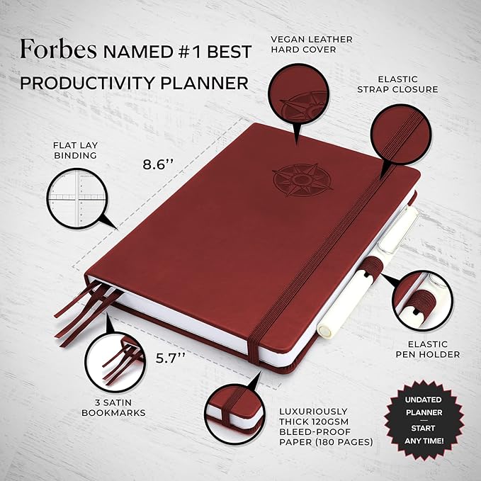 Smart Planner Pro – Undated Daily Planner – Small A5 – Achieve Goals & Increase Productivity – Weekly, Monthly, Work Sections, Organizer Diary with Back Pocket, 3 Satin Bookmarks & Pen Holder