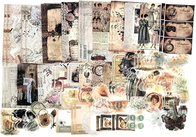 Esweny 100 PCS Vintage Ephemera Pack Journaling Scrapbooking Supplies Scrapbook Sticker Paper Kit for Junk Journal Planners Collage Craft Notebooks Decoupage Album (Retro)