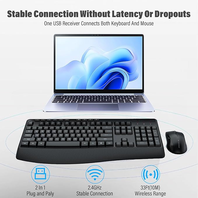 E-YOOSO Wireless Keyboard and Mouse Combo,Silent Soft Touch Quiet Keyboard Less Noise 90%,Ergonomic with Wrist Rest,2.4GHz 104 Keys Full Size,2400 DPI Mouse,for PC Computer/Laptop/Mac Air/Mini/Pro