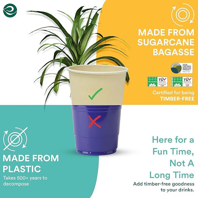 ECO SOUL 200 Pack 8 oz Disposable Coffee Cups Eco-Friendly, Biodegradable, Compostable, Leak-free & Sturdy To Go Hot Drink Travel Bagasse Cup for Tea, Chocolate, Party, Picnic & Cafe, Office & Home