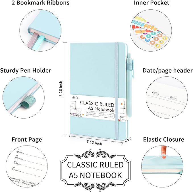 feela 3 Pack Notebooks Journals Bulk, Hardcover Notebook Classic Ruled Lined Journals with Pen Holder for Women Girls School Business Supplies, with 3 Black Pens, 120 GSM, 5.1”x8.3”, A5, Sky Blue