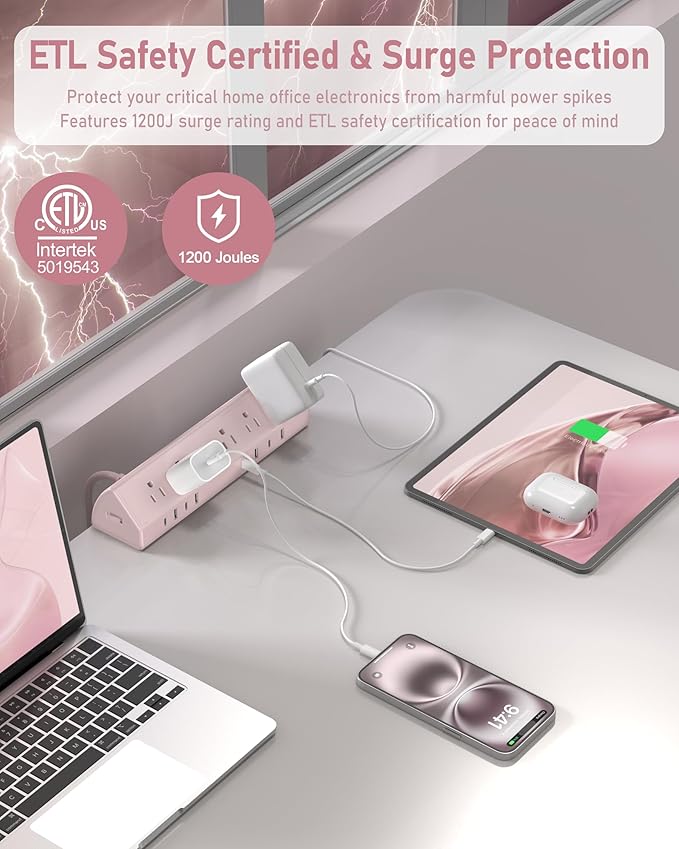 Jgstkcity Desk Clamp Power Strip, 45W Fast Charging Station,4 USB-C, 4 USB-A,1200J Surge Protector,ETL Listed,1875W Extension Cord,Multiple Outlets for Home, Office (Pink, 6 FT Cable)