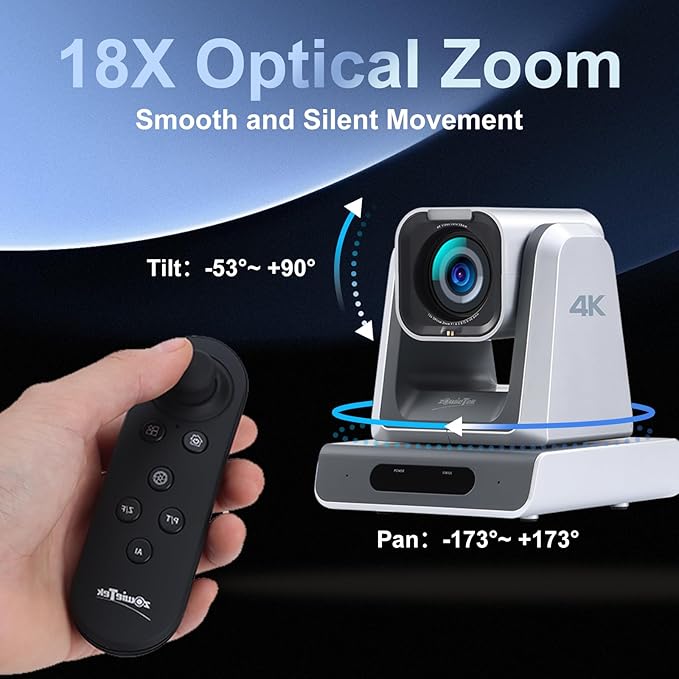 zowietek 4K USB/HDMI/LAN PTZ Camera, Ergo-Ease Remote Control, Auto Focus, 18X Optical Zoom, Live Streaming for Video Conference, Meeting, Church, Event, Teaching