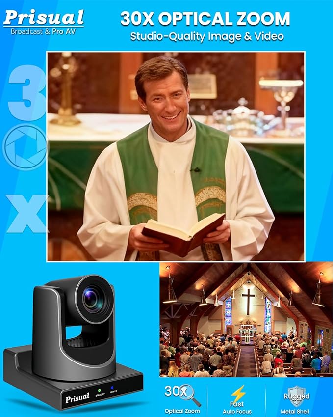 Prisual NDI PTZ Camera System Gen 5, 30X Optical Zoom, NDI 6 & NDI HX3 Certified, AI Auto Tracking, PoE HDMI Bundle PTZ for Church Worship,NDI PTZ Controller, (NDI PTZ Bundle TEM-30N PROx2+TEM-JOY1)