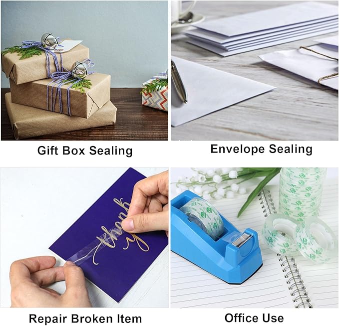BOMEI PACK Transparent Tape Dispensers Desk, 1 Pack Blue with 12Rolls Transparent Tape, 1 Inch Core, for Gift Wrapping, School, Office and Home