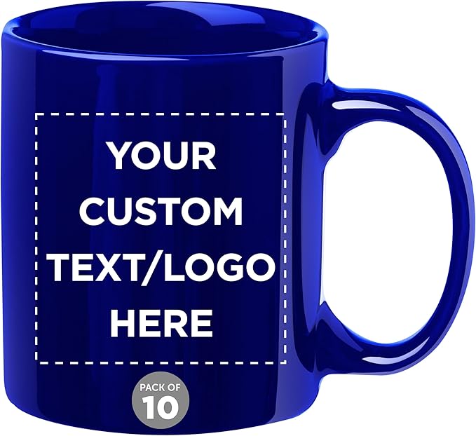 Custom Ceramic Coffee Mugs 11 oz. Set of 10, Personalized Bulk Pack - Coffee cup set, Iced coffee cup, Gaming mug - Royal Blue